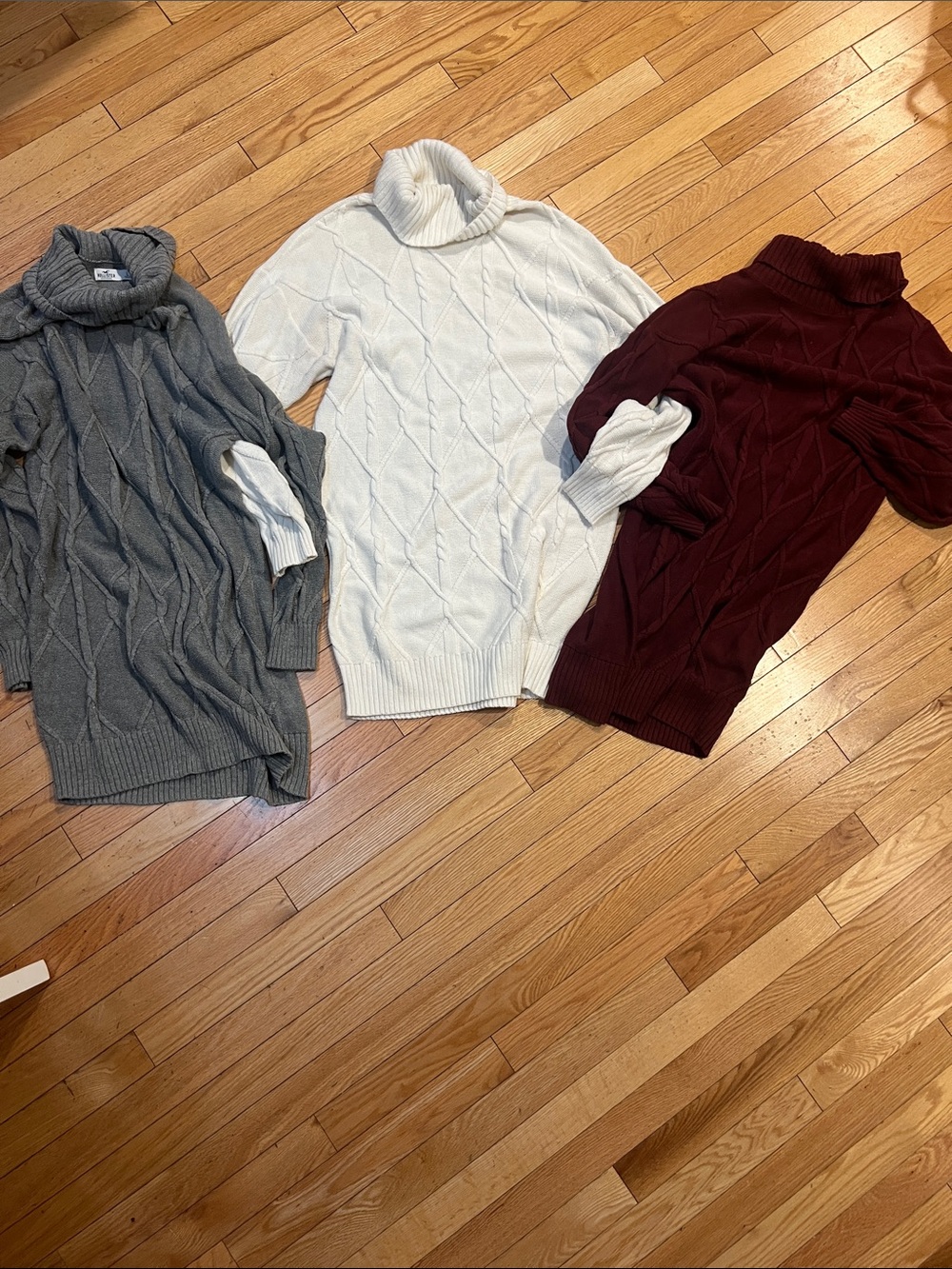 Hollister Cable-Knit Turtleneck Sweater Dress - Gray, Cream, Burgundy